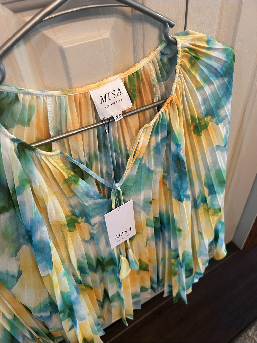 MISA Los Angeles Yellow, Blue & Green Pleated Watercolor Blouse